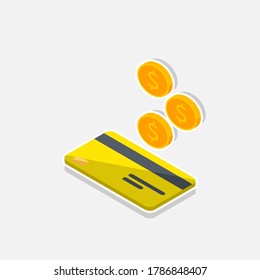 Cash get a bank card Yellow left view - White Stroke+Shadow icon vector isometric. Cashback service and online money refund. Concept of transfer money, e-commerce, saving account.