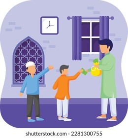 Cash Giving to Kids as Eid Gift concept, Eidi Cash distribution vector icon design, Ramazan and Eid al-Fitr Symbol, Islamic and Muslims fasting Sign, Arabic holiday celebration stock illustration