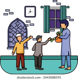 Cash Giving to Kids as Eid Gift concept, Eidi Cash distribution vector colorline Design, Ramadan and Eid al-Fitr Symbol, Islamic and Muslims fasting Sign, Arabic holiday celebration stock illustration