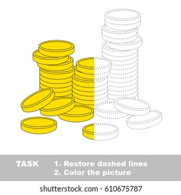 A lot of cash gold coins. Dot to dot educational game for kids, task is to trace and color the colorless half.