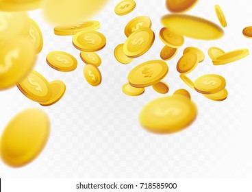 Cash golden coins flying through scene concept background. Fortune million dollar lottery games reward. Casino prize money jackpot. Isolated currency over white checkered layout. Vector illustration