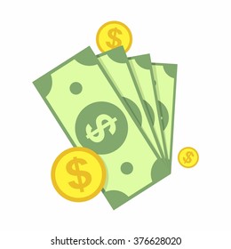 Cash, Green Dollars and Coin Icon isolated on white background. Money Vector Illustration