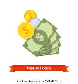 Cash, green dollars, gold and silver coins. Flat style vector icon isolated on white background.