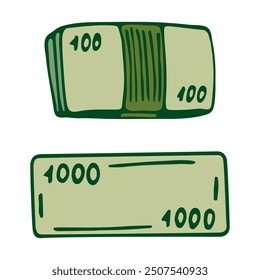 Bargeld handgezeichnet flach. Papiergeld. Banknote. Ein Haufen Geld. Reichtum, Schatz. Reich. Banktresor. Volle Brieftasche. Vektorgrafik.