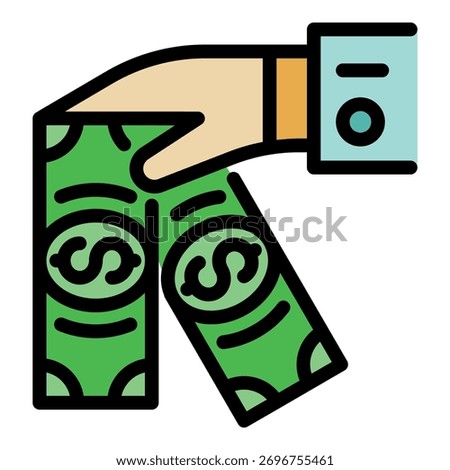 Cash in hand icon. Outline cash in hand vector icon color flat isolated