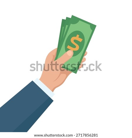 Cash in Hand, Vector Illustration. Hand Holding Money Vector Illustration. Business Hand Giving Dollar Banknotes Isolated. Payment Concept for Salary, Bonus, Tip, Cash
