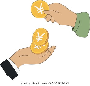 Cash in hands, gold coins yen, yuan, profit, profitable investment. Vector icons of Chinese currency, Japanese money, handing over money