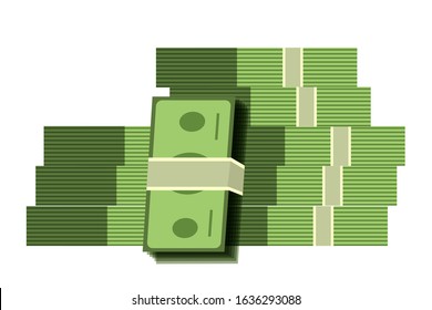 Cash heap, pile isometric vector illustration. Paper money stacks, banknote wads, wealth. Bank deposit, credit loan. Savings, salary payment, wages. Lottery win, jackpot prize Finances investment