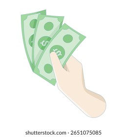 Conceito de depósito em numerário. Mão segurando dinheiro para pagar ou comprar um produto. Estilo gráfico plano, ideal para uso comercial financeiro. A mão destaca a importância da transação.