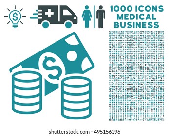 Cash icon with 1000 medical commercial soft blue vector design elements. Design style is flat bicolor symbols, white background.