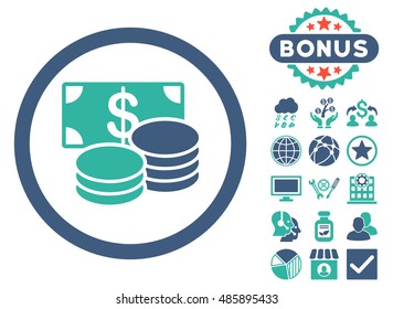 Cash icon with bonus design elements. Vector illustration style is flat iconic bicolor symbols, cobalt and cyan colors, white background.