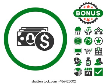 Cash icon with bonus elements. Vector illustration style is flat iconic bicolor symbols, green and gray colors, white background.