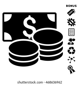 Cash icon with bonus pictograms. Vector illustration style is flat iconic symbols, black color, white background, rounded angles.