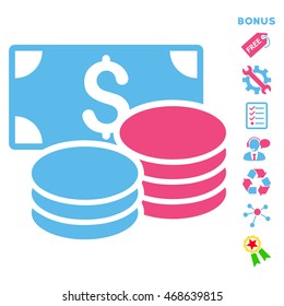 Cash icon with bonus pictograms. Vector illustration style is flat iconic bicolor symbols, pink and blue colors, white background, rounded angles.