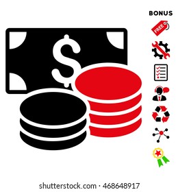 Cash icon with bonus pictograms. Vector illustration style is flat iconic bicolor symbols, intensive red and black colors, white background, rounded angles.