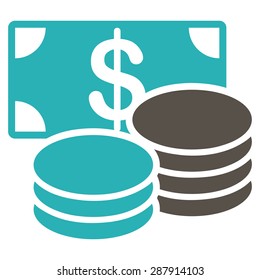 Cash icon from Business Bicolor Set. This flat vector symbol uses grey and cyan colors, rounded angles, and isolated on a white background.