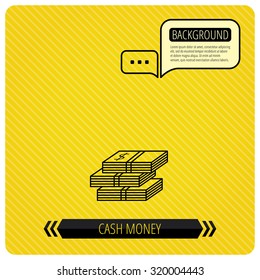 Cash icon. Dollar money sign. USD currency symbol. 3 wads of money. Chat speech bubbles. Orange line background. Vector