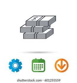 Cash icon. Dollar money sign. USD currency symbol. 3 wads of money. Calendar, cogwheel and download arrow signs. Colored flat web icons. Vector