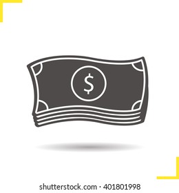 Cash icon. Drop shadow dollar bills silhouette symbol. USA national currency. Vector isolated illustration