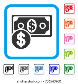Cash icon. Flat gray iconic symbol in a light blue rounded square. Black, gray, green, blue, red, orange color variants of Cash vector. Designed for web and app UI.