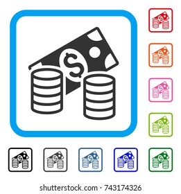 Cash icon. Flat gray pictogram symbol in a light blue rounded rectangular frame. Black, gray, green, blue, red, orange color versions of Cash vector. Designed for web and application user interface.