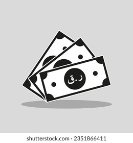 Cash Icon flat style with Qatari Riyal sign. Banknote cash money symbol. Saving, exchange, financial times. Black and White vector currency illustration.
