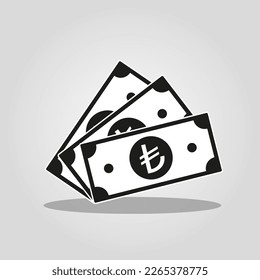 Cash Icon flat style with Turkish lira Sign. Banknote cash money symbol. Saving, exchange, finance and budget concept. Flat vector currency symbol.