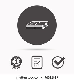 Cash icon. Pound money sign. GBP currency symbol. Report document, winner award and tick. Round circle button with icon. Vector