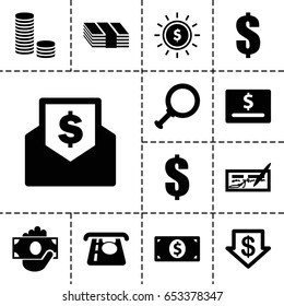 Cash icon. set of 13 filled cashicons such as atm money withdraw, dollar down, dollar, check