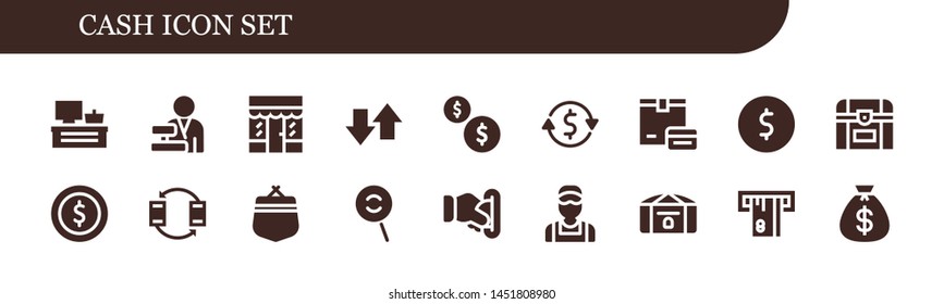 Cash Icon Set. 18 Filled Cash Icons.  Simple Modern Icons About  - Cash Register, Cashier, Grocery, Transfer, Coins, Currency Exchange, Payment, Coin, Chest, Purse, Dodge, Insert Coin