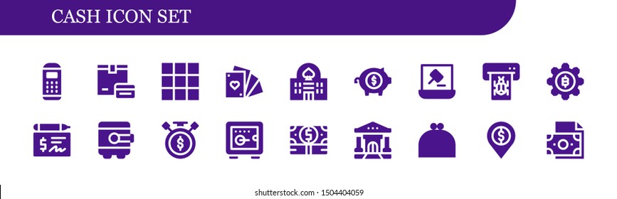 cash icon set. 18 filled cash icons.  Simple modern icons about  - Payment terminal, Payment, Keypad, Cards, Casino, Piggy bank, Auction, Atm, Bitcoin, Cheque, Safebox, Sale time