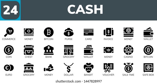 cash icon set. 24 filled cash icons.  Collection Of - Commerce, Money, Bitcoin, Purse, Card, Invoice, Wallet, Coin, Chest, Bank, Grocery, Casino, Euro, Dollar, Bandit, Voucher