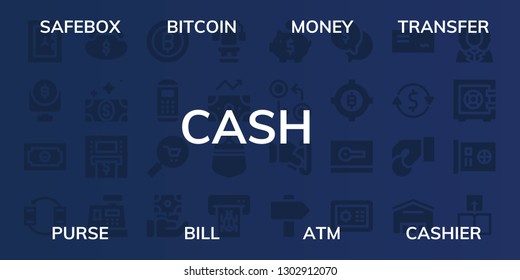  cash icon set. 32 filled cash icons. on blue background style Simple modern icons about  - Safebox, Bitcoin, Money, Transfer, Purse, Bill, Atm, Cashier, Payment terminal, Commerce