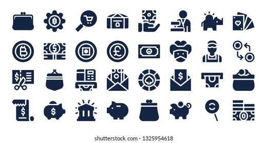 cash icon set. 32 filled cash icons. on blue background style Simple modern icons about  - Purse, Bitcoin, Voucher, Invoice, Money, Piggy bank, Commerce, Atm, Financial, Chest