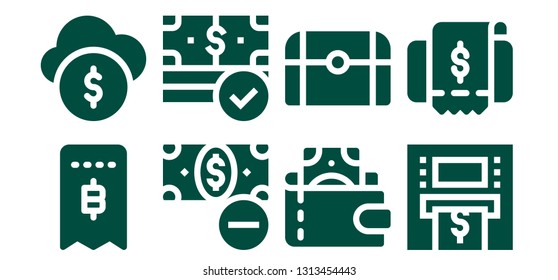 cash icon set. 8 filled cash icons.  Collection Of - Invoice, Funds, Money, Wallet, Treasure, Atm
