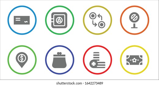 cash icon set. 8 filled cash icons. Included Cheque, Bank, Safe box, Purse, Currency, Coins, Sign, Money icons