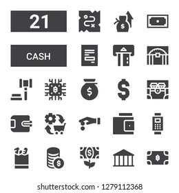 cash icon set. Collection of 21 filled cash icons included Bitcoin, Bank, Money, Groceries, Payment, Wallet, Coins, Commerce, Chest, Dollar, Auction, Treasure, Atm, Receipt, Salary