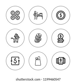 Cash icon set. collection of 9 outline cash icons with coin, commerce, coins, currency, dollar, food bank, grocery, invoice icons. editable icons.