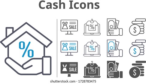 cash icon set included online shop, mortgage, money icons