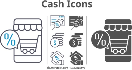 cash icon set included online shop, mortgage, money icons