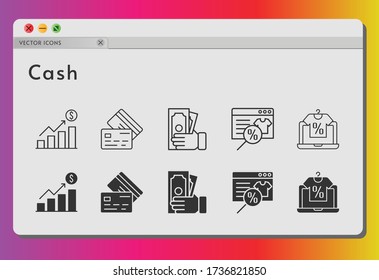 cash icon set. included profits, online shop, money, credit card icons on white background. linear, filled styles.
