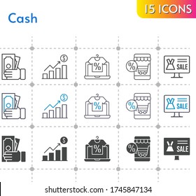 cash icon set. included profits, online shop, money icons on white background. linear, bicolor, filled styles.