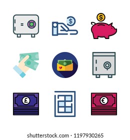 cash icon set. vector set about safebox, safebox id, piggy bank and finance book icons set.
