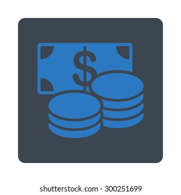 Cash icon. This flat rounded square button uses smooth blue colors and isolated on a white background.