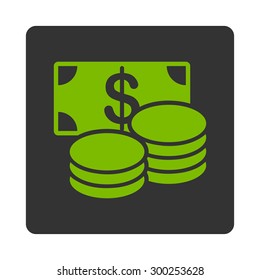 Cash icon. This flat rounded square button uses eco green and gray colors and isolated on a white background.