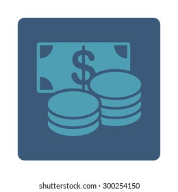 Cash icon. This flat rounded square button uses cyan and blue colors and isolated on a white background.