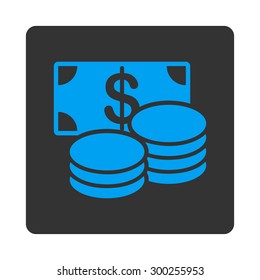 Cash icon. This flat rounded square button uses blue and gray colors and isolated on a white background.