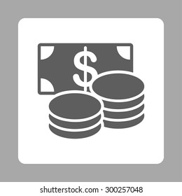 Cash icon. This flat rounded square button uses dark gray and white colors and isolated on a silver background.
