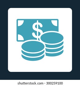Cash icon. This flat rounded square button uses blue and white colors and isolated on a dark blue background.
