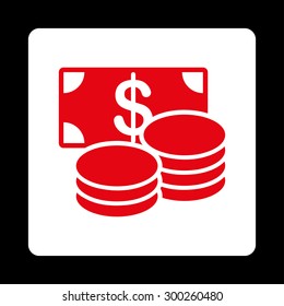 Cash icon. This flat rounded square button uses red and white colors and isolated on a black background.